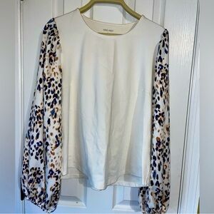 Nine West White Blouse with Leopard Print Sleeves